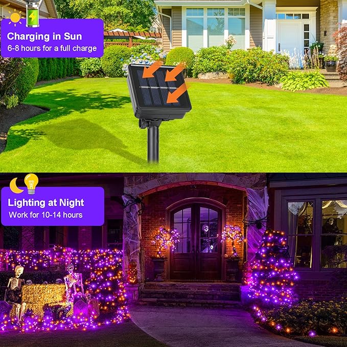4 Pack Halloween Solar Fairy Lights 131.2Ft 400 LEDs Outdoor Twinkle Lights with 8 Modes, Waterproof Silver Wire String Lights for Garden Patio Party Decorations (Orange Purple)