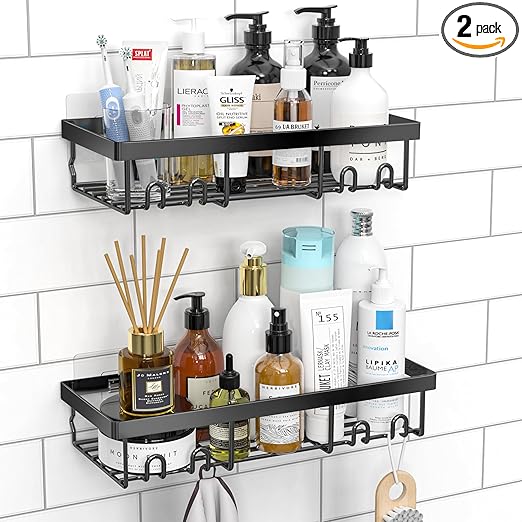 Moforoco Shower Caddy Shelf Organizer Rack, Self Adhesive Black Bathroom Shelves Basket, Home Farmhouse Wall Inside Organization and Storage Decor Rv Accessories, First Camper Apartment Essentials