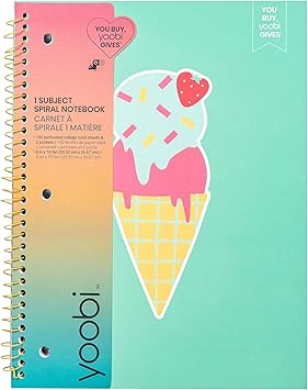 Yoobi 1 Subject Notebook Ice Cream Cone, College Ruled 100 Perforated, 3-hole Punched Sheets 2 Interior Pockets PVC Free, FSC Certified Paper 10.5 x 8.4 x 0.5