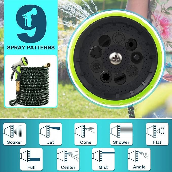 Garden Hose Pipe Spray Gun,High Pressure Anti-Leaking Hose Gun(25FT),9 Adjustable Patterns Garden Hose Nozzle Sprayer with,Suitable for watering plants and lawns,Green,50FT