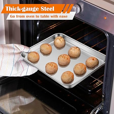 E-far Toaster Oven Tray, 10.5x8.3 Stainless Steel Small Baking Cookie Sheet, Compact Non-toxic Metal Baking Pan for Cake, Healthy Rust Free, Mirror Finish Dishwasher Safe, 1 Pack