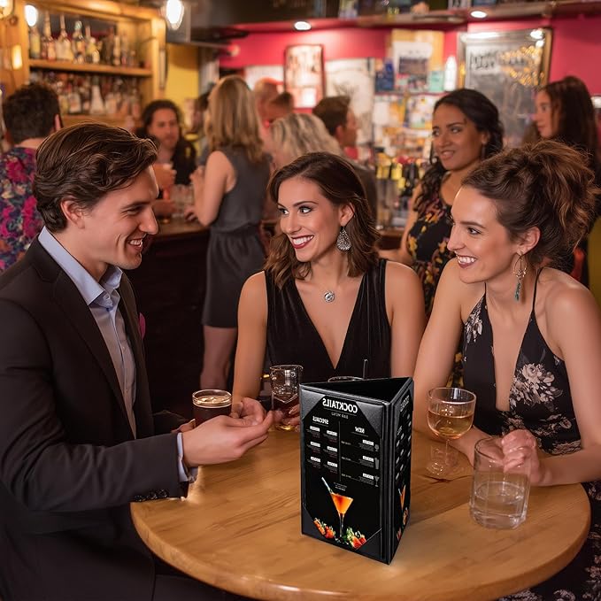 WeChef 10 Pack 4"x6" Table Tent Leatherette Menu Holders 3-Side Menu Triangle Holder Sign Display Cover Bar Restaurant Cafe Leather Black