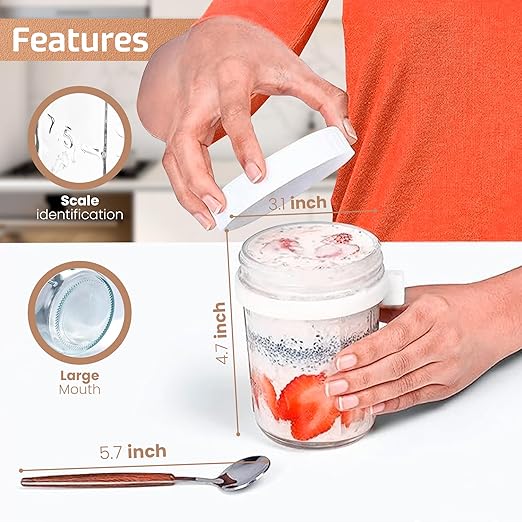 PABLEX - Overnight Oats Cups with Lid - Spoon, 16oz Glass, Reusable Anti Spill, Free Toxic - Overnight Oats Containers with Lids, Oatmeal Containers with Lids, Oats Overnight Container (White)