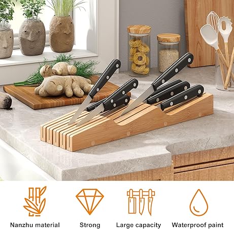 In-Drawer Knife Block Organizer - Bamboo Wood Drawer Knife Holder-Protecting Knife Organizer Block Holds Up To 9 Knives(Not Included)