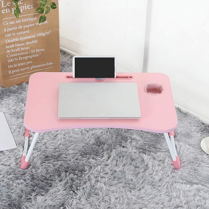 Lap Desk, Laptop Bed Table 60 x 40 x 28cm Bed Desk Stand with Foldable Legs & Cup Slot Notebook Stand Computer Laptop Tray for Sofa Bed (Color : Pink)