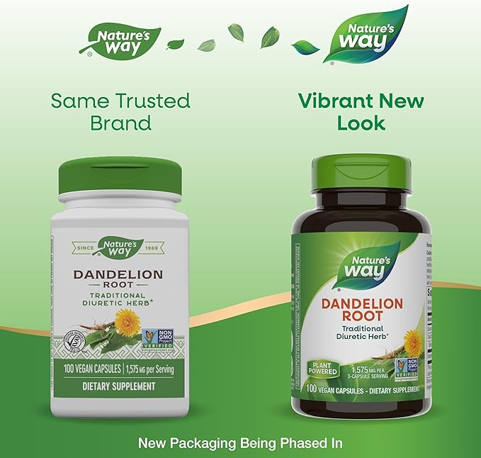 Nature's Way Dandelion Root, Traditional Diuretic Herb, Traditionally used to Soothe Digestive Upset, Vegan, 100 Capsules (Packaging May Vary)