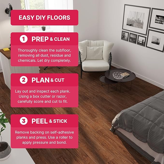 LUCiDA SURFACES Luxury Vinyl Flooring Tiles Peel and Stick Floor Tile for DIY Installation 12 Wood Look Planks Chestnut BaseCore 18 Sq. Feet