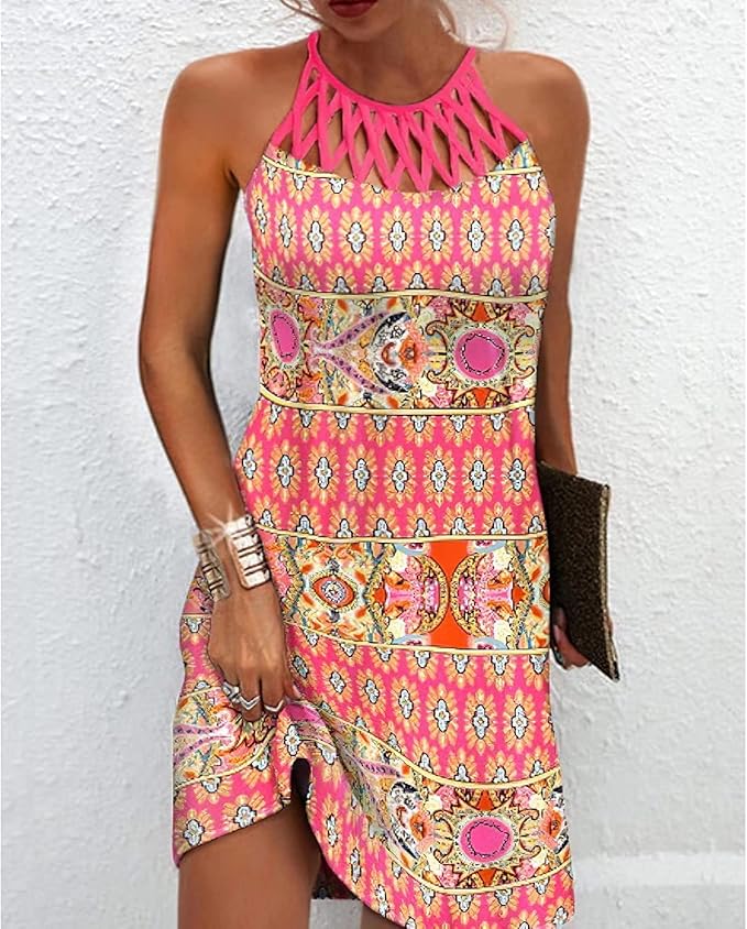 BIRW Summer Dresses for Women 2025 Casual Floral Halter Neck A-line Beach Vacation Sundresses with Pockets
