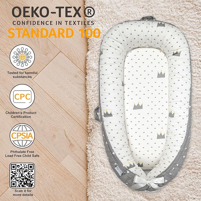 Baby Lounger for Newborn Cover - Newborn Lounger for 0-12 Months, Breathable Portable Infant Lounger - Adjustable Cotton Soft Baby Floor Seat for Travel, Newborn Essentials -Crown