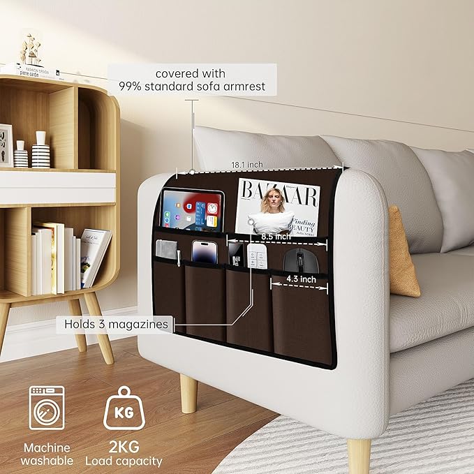 Naturoom Recliner Arm Caddy - Over the Arm Chair Caddy for Recliner with Remote Control Holder, Armrest Organizer with 6-Pocket Storage for Couch, Phone, Tablet, Magazine, Coffee