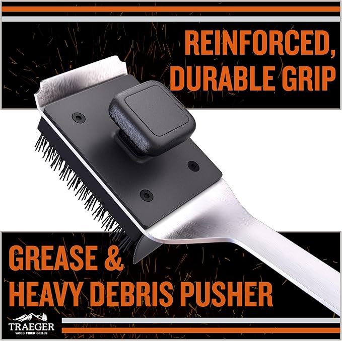 Traeger Grills BAC537 BBQ Cleaning Brush for Outdoor Grill Ai Stainless Steel Grill Scraper with Nylon Bristles, Teak Wood Handle, Dual Grip Design, and Hanging Loop