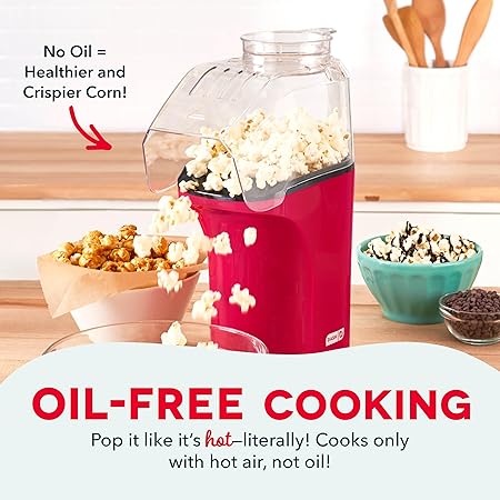 DASH Hot Air Popcorn Popper Maker with Measuring Cup to Portion Popping Corn Kernels Melt Butter, 16 Cups - Red