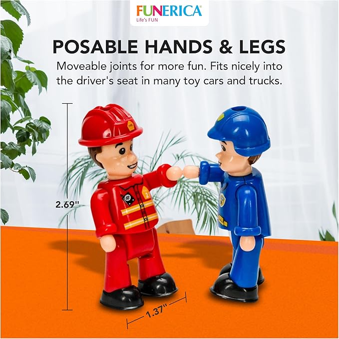 FUNERICA Set of 8 flexible figures for children, firefighters, police officers, construction workers, sanitation and community helpers