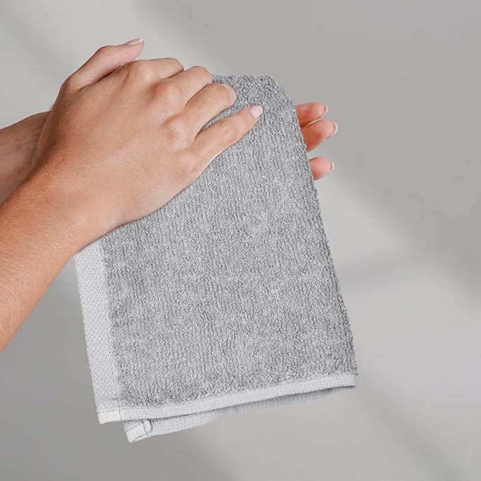 Basics Fast Drying Cotton Washcloths for Bathroom, Machine Washable, Extra Absorbent, 12 x 12 in, Gray, 24-Pack