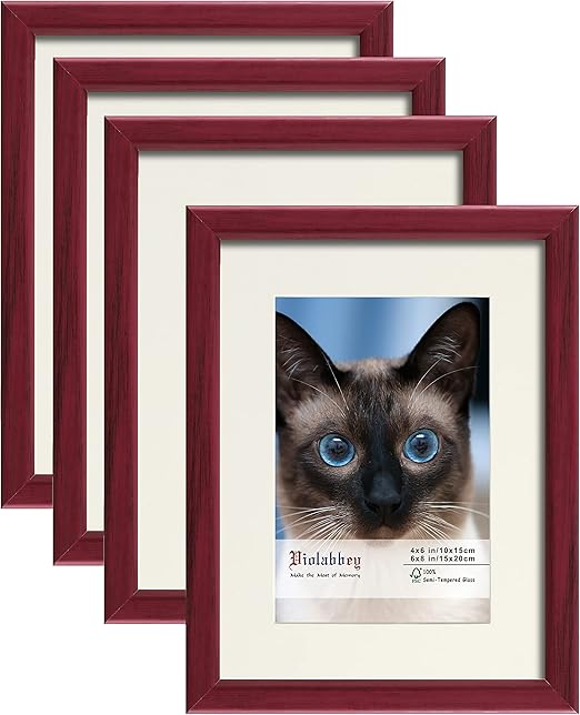 VIOLABBEY 6x8 Picture Frame Red, Photo Frame Set of 4, Display 4x6 Photo with Mat and 6x8 without Mat, Wall or Tabletop, HD Real Glass