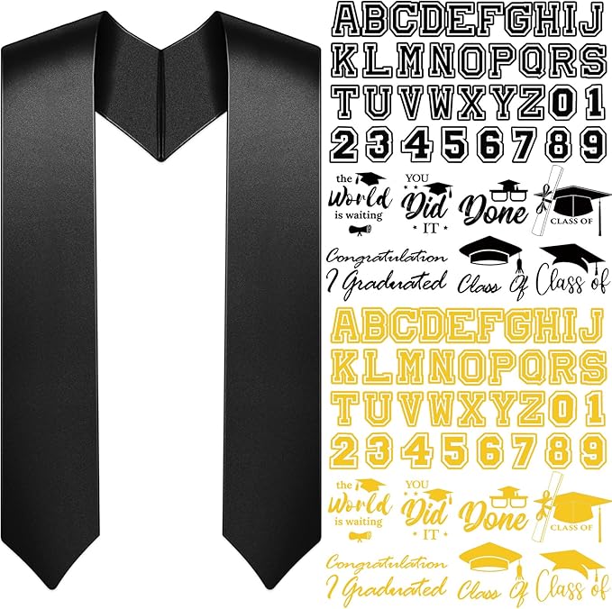 Spakon Unisex Adult Plain Graduation Stole with A to Z Letter 0 to 9 Number Graduation Pattern Badge Decorate Repair Patches