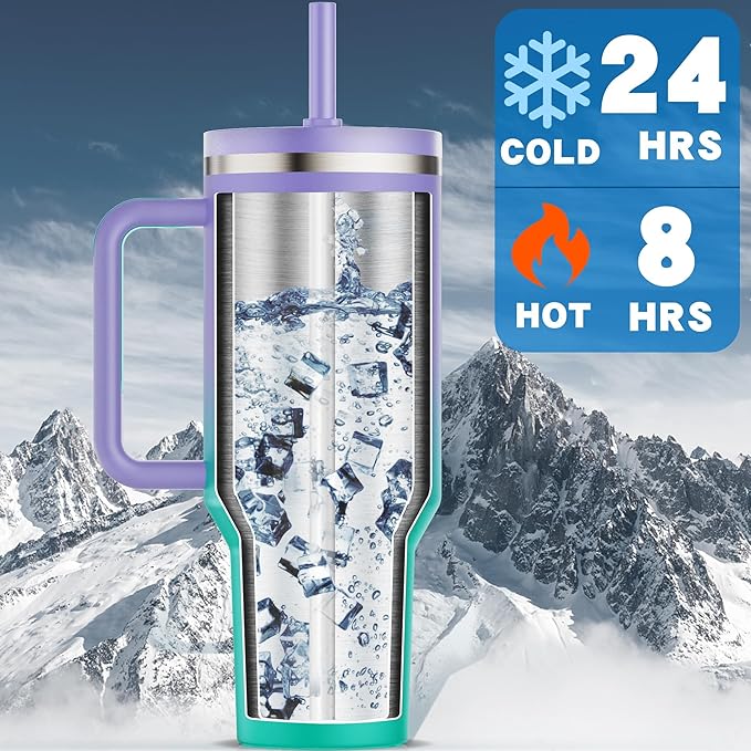 40 oz Tumbler with Handle and Flip Straw Lid - Upgraded Insulated Traveler Tumblers with Lids Straws Vacuum Leak Proof Stainless Steel 40oz Cup Mug Gifts for Men Women Him Her (Oasis)