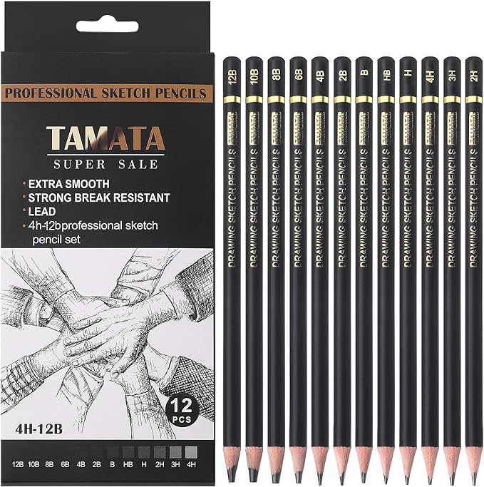 RVOGJP TAMATA Professional Drawing Sketching Pencil Set - 12 Pieces Art Graphite Pencils(12B - 4H), Ideal for Drawing Art, Sketching, Shading, for Beginners & Pro Artists