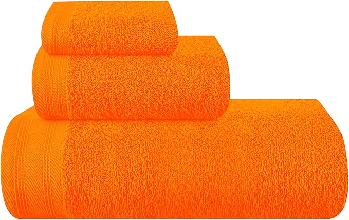 Ultra Soft 3 Pack Cotton Towel Set, Contains a Bath Towels 28x55 inch, a Hand Towels 16x24 inch a Wash Coths 12x12 inch, Ideal Everyday use, Compact Lightweight - Orange