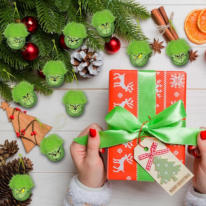 12PCS Christmas Ball Ornaments,6 Styles Glitter Christmas Tree Ornaments with Fuzzy Hair, Green Elf Balls Ornament Holiday Hanging Xmas Balls Baubles for Tree Decorations