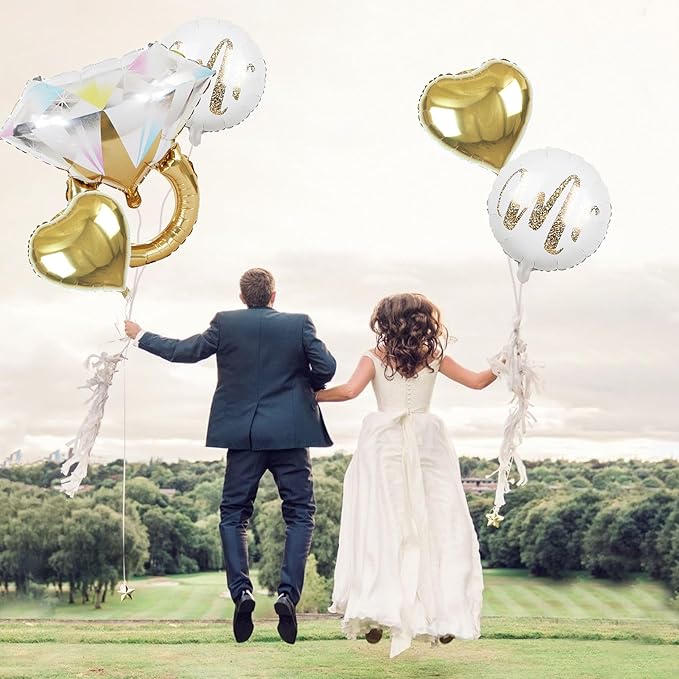 5Pcs Diamond Ring Wedding Balloons,White Mr Aluminum Foil Balloons Gold Heart Mylar Balloons for Wedding, Marriage Engagement, Bridal Shower Party Decorations
