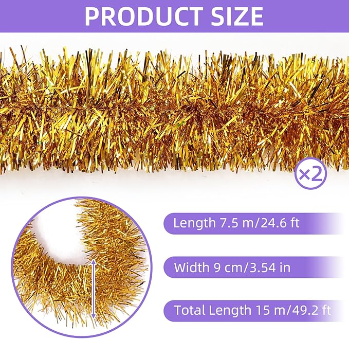 50 Feet Gold Tinsel Garland Christmas Foil Tinsel Garland Decoration Metallic Banner Wall Hanging Tinsel Streamers Garland for Christmas Tree Birthday Party Decorations (3.54" x 50', Gold)