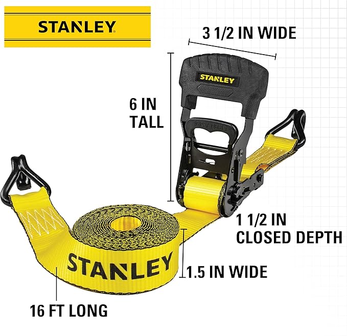 STANLEY S1007 Black/Yellow 1.5" x 16' Ratchet Tie Down Straps - 1,100 lb Safe Working Load / 3,300 lb Break Strength, 2 Pack