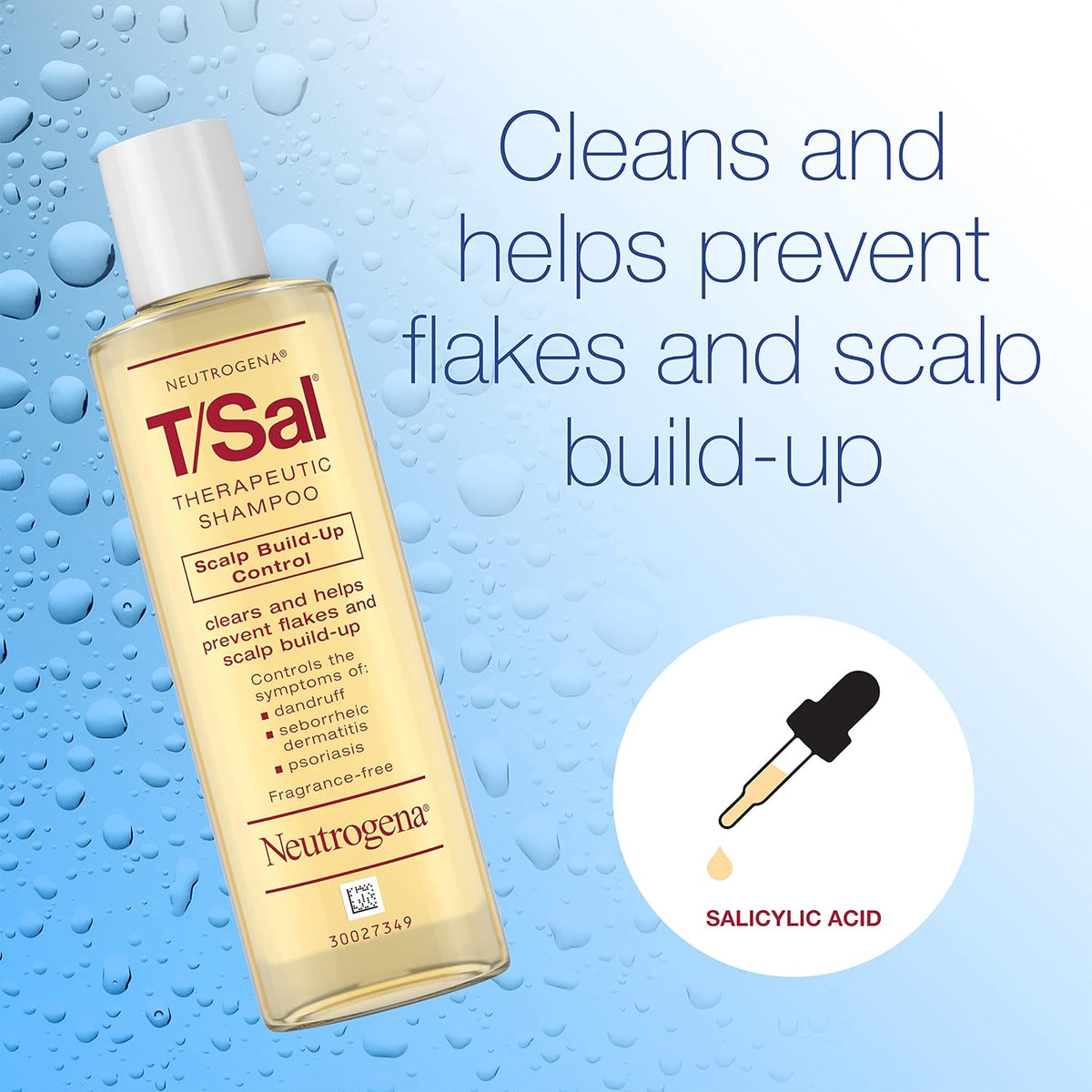 Neutrogena T/Sal Therapeutic Dandruff Shampoo, Scalp Build-Up Control, 3% Salicylic Acid,Psoriasis Treatment, Seborrheic Dermatitis Shampoo, Clears Flakes, Fragrance Free, 4.5 fl oz (Open Container)
