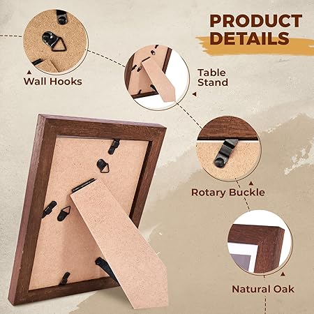 5x7 Oak Picture Frame with Mat for 4x6, Solid Wood Photo Frame for Wall or Tabletop Display, Unqiue Gift for Wedding Birthday Christmas (Brown, 1pc)