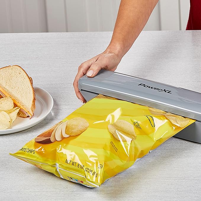 PowerXL Duo NutriSealer Food Vacuum Sealer Machine with Vacuum Seal Bags Rolls, Double Airtight Sealing with Built-in Cutter, Small Snack Bag Capability, Safety Certified, Lab Tested, LED Indicator Lights, 11 inch (Slate)