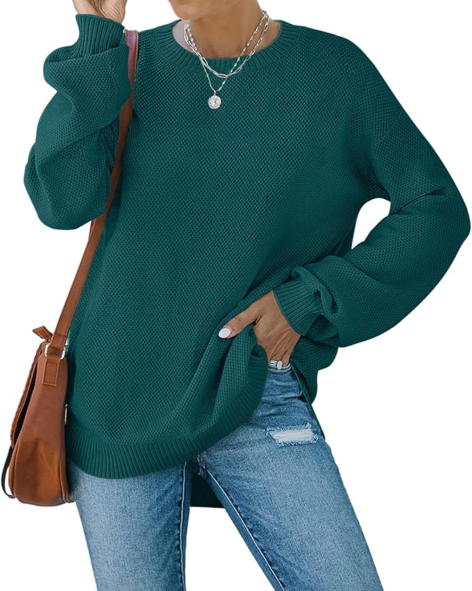 MEROKEETY Women's 2025 Fall Long Balloon Sleeve Crew Neck Sweater Tops Waffle Knit Soft Pullover Jumper