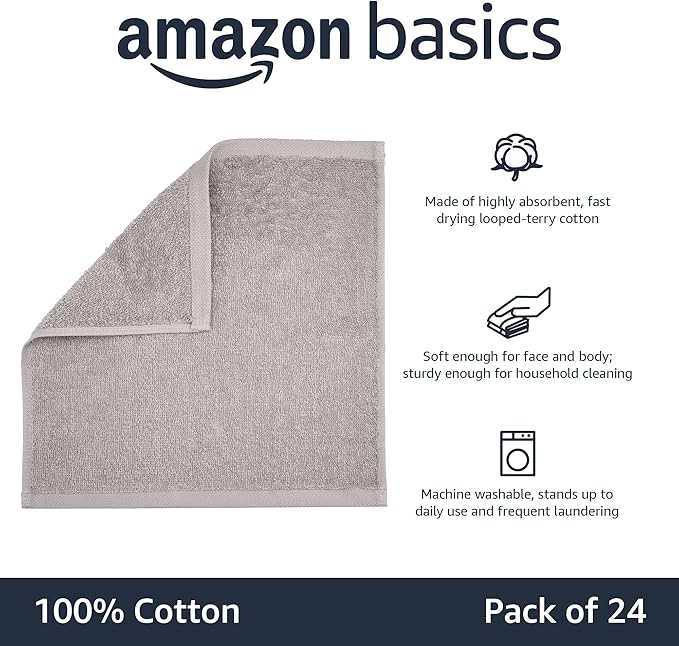 Basics face Towels for bathroom, 100 Cotton Extra Absorbent washcloth, Fast Drying salon towel - 24 Pack Gray (12 x 12 inches)