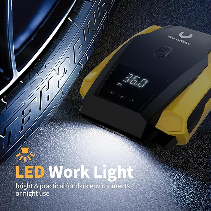 Tire Inflator Portable Air Compressor - Air Pump for Car Tires - 12V DC Tire Pump with Auto Shutoff Function LED Light for Cars, Bicycles, Motorcycles, Yellow, Large