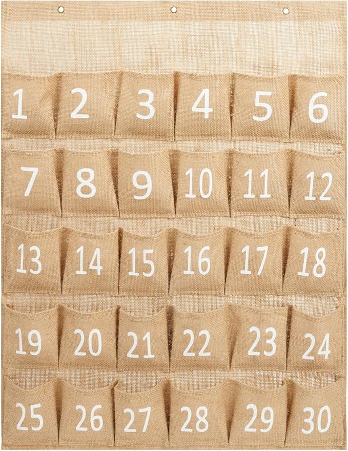 Juvale 30-Row Burlap Cell Phone Holder for Classroom, Farmhouse Designed White Numbered Hanging Pocket Organizer for Mobile Phones, Calculator Caddy, Organization (23x31 in)