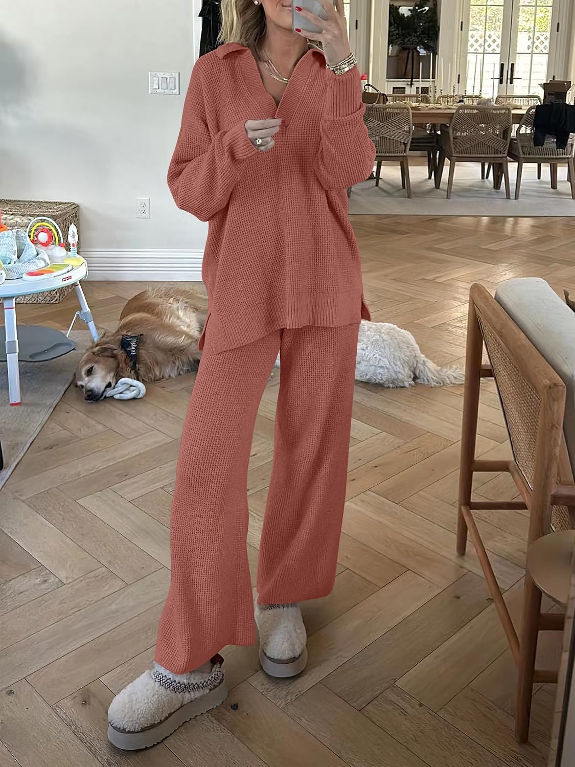 ANRABESS Women Two Piece Outfits Sweater Sets Lounge Waffle Knit Pullover Matching Wide Leg Pants Tracksuit 2025 Fall Fashion Medium