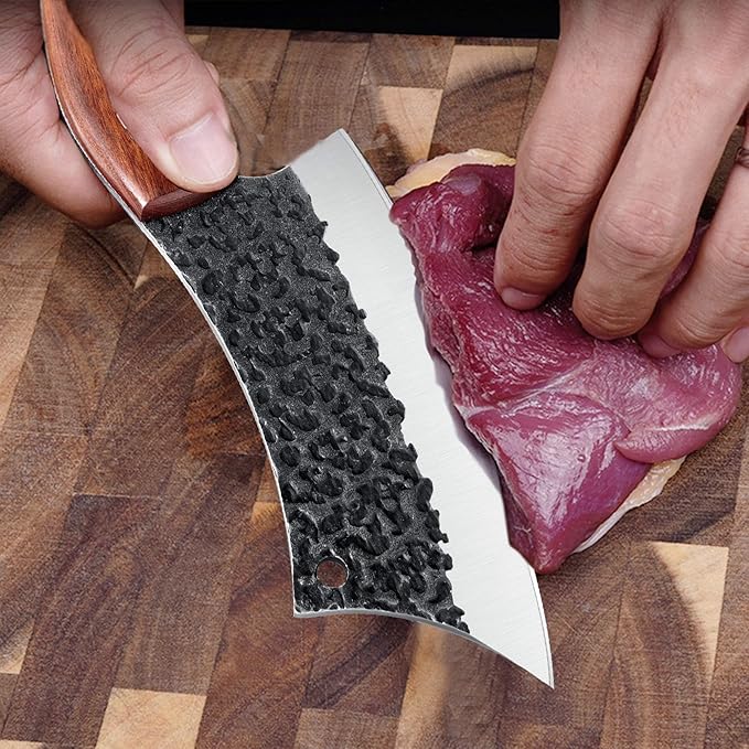 Freelander Hand Forged Knives, Meat Cleaver Knife for Meat Cutting, High Carbon Viking Knife with Sheath, Full Tang Chef Kitchen Butcher Knife for Home,Outdoor, Camping, BBQ