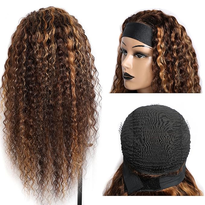 Headband Wig Human Hair Deep Wave 427 Human Hair Headband wigs for women Glueless None Lace Front Wig Machine Made 150 Density headband wig human hair with Headbands (12Inch)