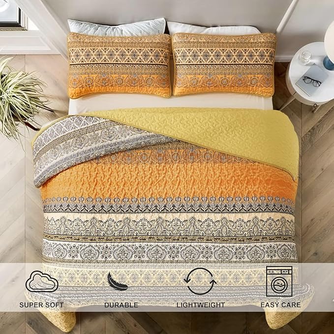 WONGS BEDDING Yellow Orange Bohemian King Quilt, Boho Quilt King Size, Lightweight Microfiber Bed Decor Bedspread for All Season 103"x90"(3 Pieces)
