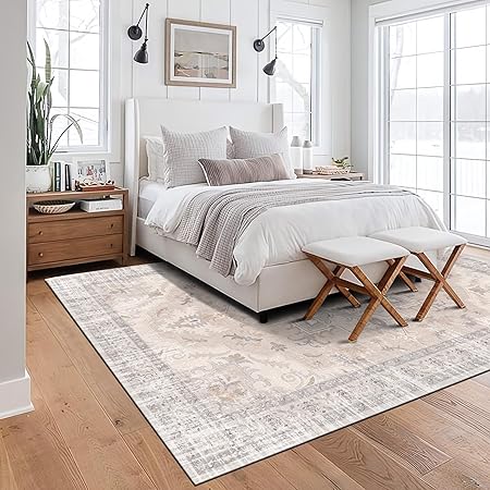 Boho Tribal Living Room Rug - 6x9 Washable Area Rug with Non-Slip Backing Low-Pile Bohemian Printed Rug Distressed Rug 6x9 Large Carpet for Living Room Office Farmhouse Bedroom -Light Blush
