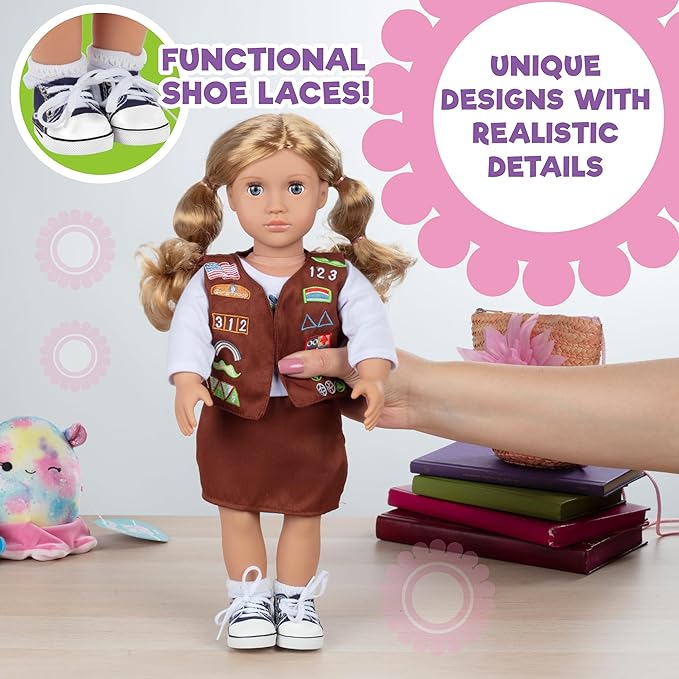5pc Girls Troop Doll Outfit - 18" Doll Clothes Accessories - Set Includes Shirt, Skirt, Socks, Sneakers, Vest with Badges - Gifts for Girls