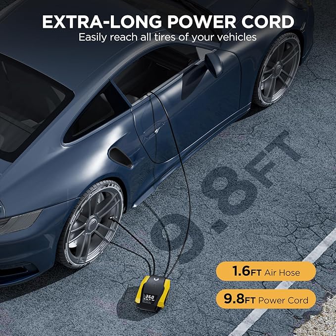 Tire Inflator Portable Air Compressor, Tire Air Pump for Car Tires, 12V DC 150PSI Auto Bike Pump with Digital Pressure Gauge&LED Light, Yellow, Large
