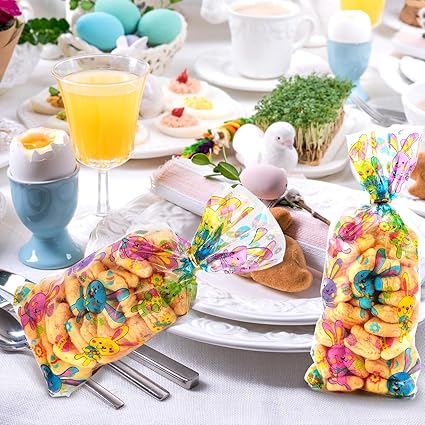 Chuangdi 100 Pack Easter Treat Bags Bunny Candy Cellophane Bag Easter Egg Goodie Cooikes Gift for Party Favor Supplies(Rabbit Style)