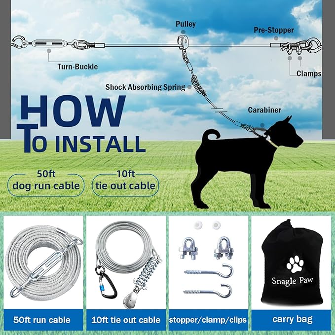 Dog Tie Out Runner for Yard,Trolley System for Large Dogs,Heavy Duty Dog Run Cable Lead 50ft with 10ft Pulley Runner Line for Small Medium and Large Dogs Up to 250lbs Running Outside Yard or Camping