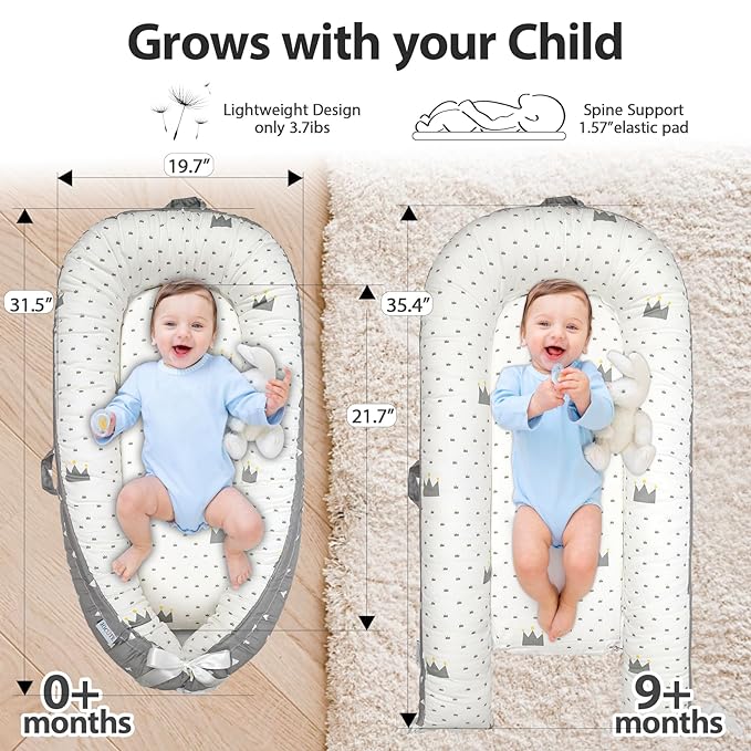 Baby Lounger for Newborn Cover - Newborn Lounger for 0-12 Months, Breathable Portable Infant Lounger - Adjustable Cotton Soft Baby Floor Seat for Travel, Newborn Essentials -Crown
