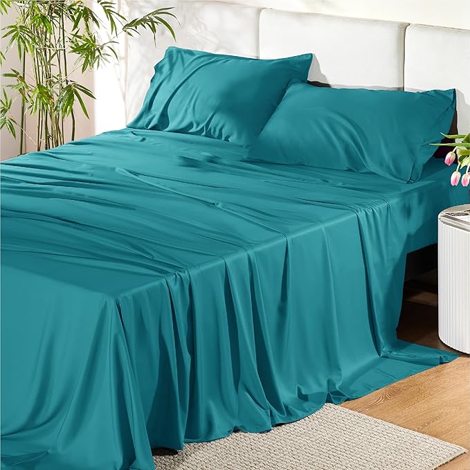 Bedsure Queen Sheet Set, Cooling Sheets for Queen Size Bed Set, Rayon Derived from Bamboo, Breathable Soft Deep Pocket Up to 16 Inches, Hotel Luxury Silky Bedding, Bedsheet Pillowcases, Turquoise