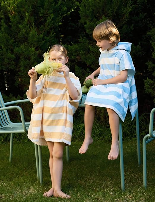 Toddler Bath Towel Poncho Thick Cotton Striped Beach Towels for Kids Gifts (2-6, Blue)