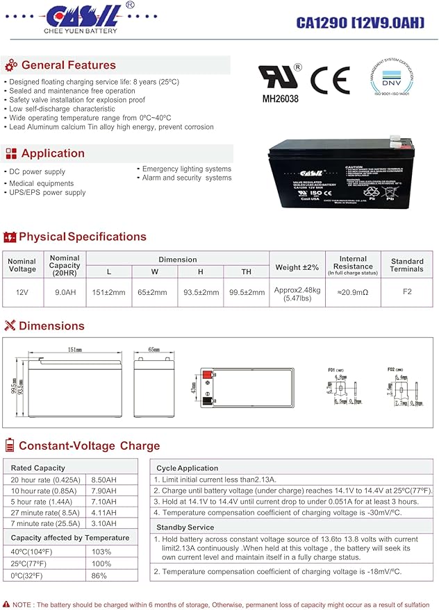 Casil 12v 9ah Rechargeable Sealed Lead Acid AGM Battery, 12 Volt 9ah SLA Battery with F2 Terminal