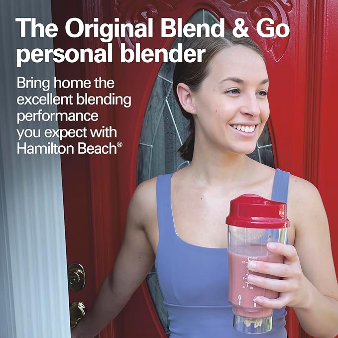 Hamilton Beach Portable Blender for Shakes and Smoothies, 14 Oz BPA Free Travel Cup & Lid, Durable Stainless Steel Blades, Personal Smoothie Blender, Red (51101RV)
