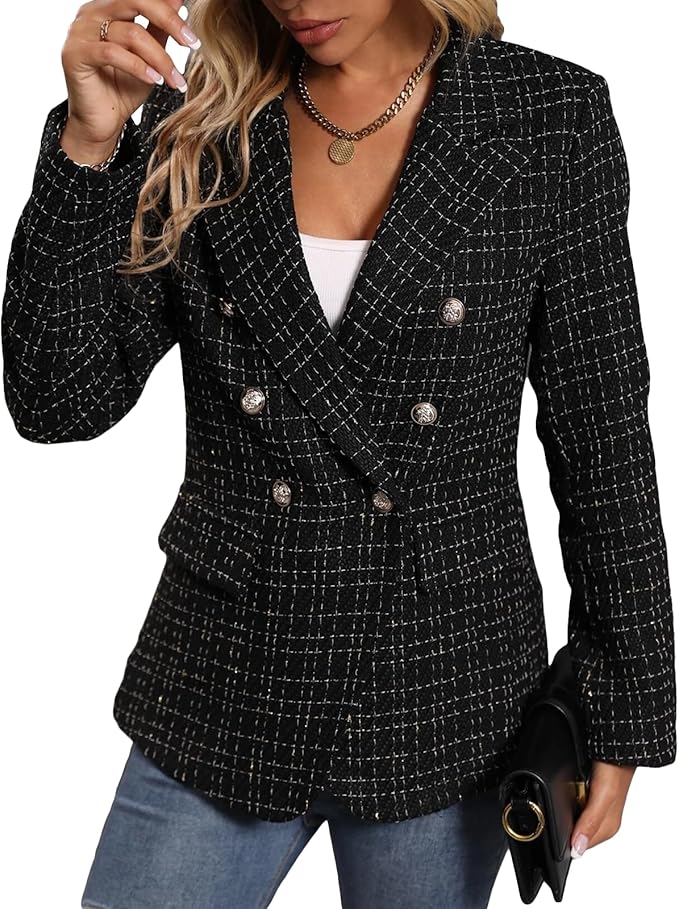 2025Fall Winter Women's Tweed Blazer Jacket-Plaid Fully Lined Fashion Business Casual Lapel Elegant Coat Pockets Amazon's Choice