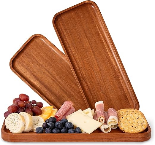 Solid Acacia Wood Serving Trays (14 x 5.5 inches) Rectangular Wooden Large Serving Platters for Food, Wooden Tray for Charcuterie, Appetizer Serving Tray, Wood Tray Cheese Board (Set of 3 Plates)
